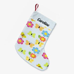 Custom name butterflies and flowers blue pattern small christmas stocking