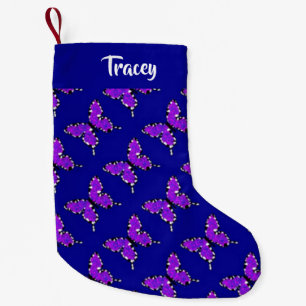 Custom name butterflies blue pattern small christmas stocking