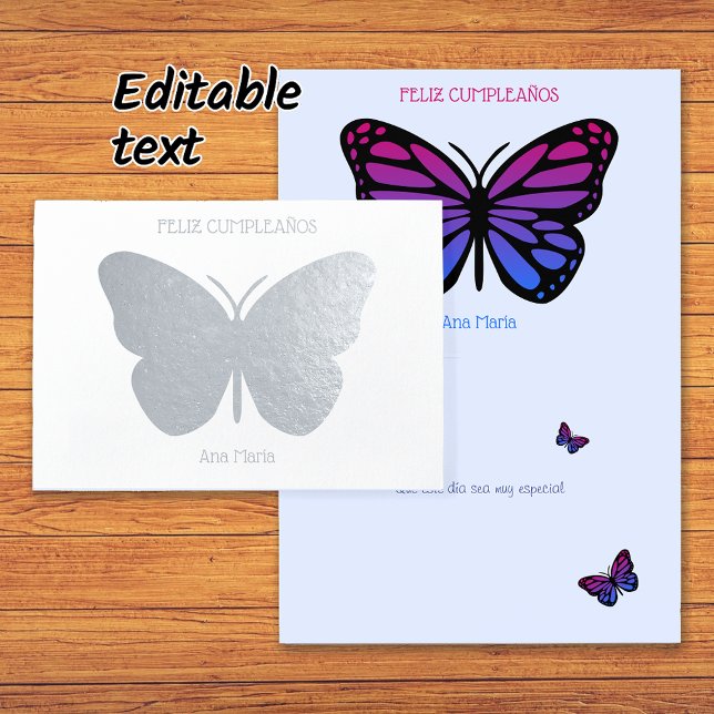 Custom name butterfly birthday cumpleanos silver foil card (Creator Uploaded)
