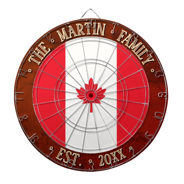 Custom Name CANADA FLAG Maple Leaf & Brown Border Dartboard (Front)