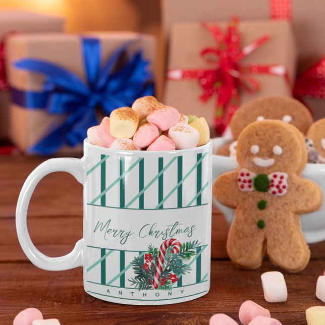 Custom Name | Candy Cane & Green Stripes Christmas Coffee Mug (Creator Uploaded)