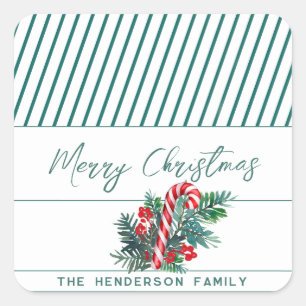 Custom Name Candy Cane & Greenery Christmas Square Sticker