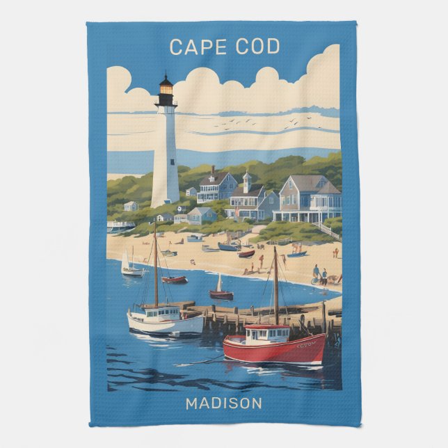 Custom Name Cape Cod Massachusetts Tea Towel (Vertical)
