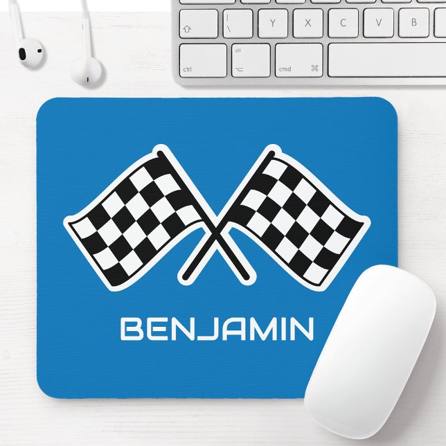 Custom Name Car Chequered Flag Blue Mouse Pad (Creator Uploaded)