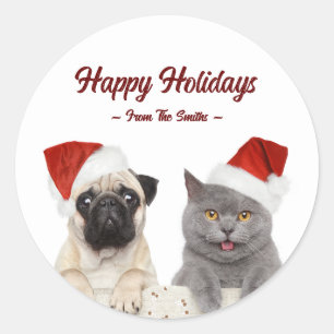 Custom Name Cat and Dog Merry Christmas Holiday Classic Round Sticker