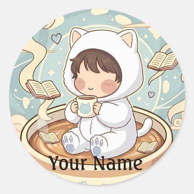 Custom Name Cat Coffee Sticker for Book Lovers (Front)