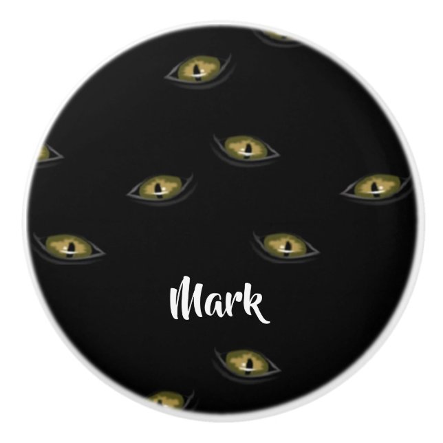 Custom name cat eyes on black ceramic knob (Front)