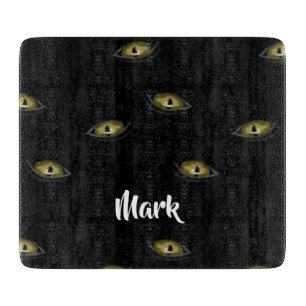 Custom name cat eyes on black cutting board
