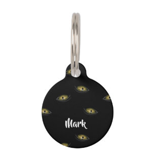 Custom name cat eyes on black pet tag