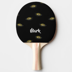 Custom name cat eyes on black ping pong paddle