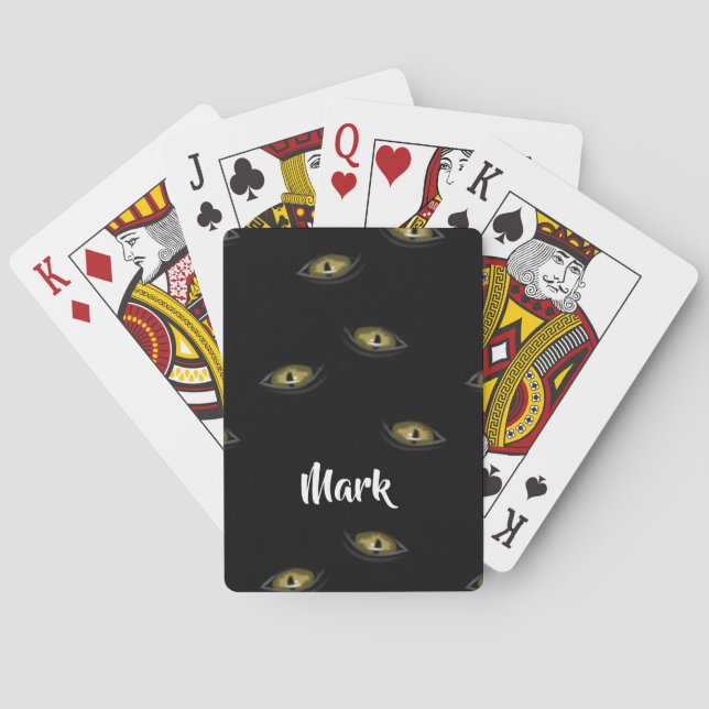 Custom name cat eyes on black playing cards (Back)