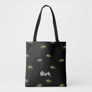 Custom name cat eyes on black tote bag