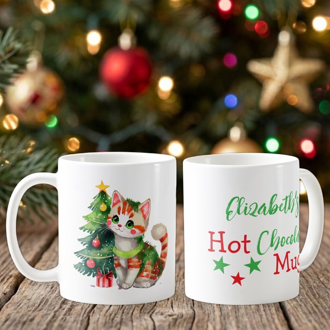 Custom name cat green red hot chocolate  coffee mug (Creator Uploaded)