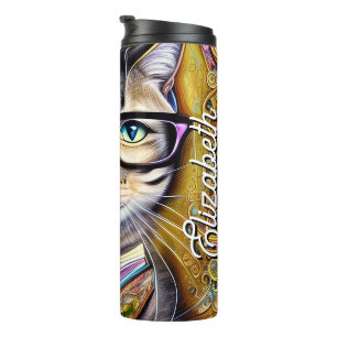 Custom Name Cat Wearing Glasses Holding a Book Thermal Tumbler