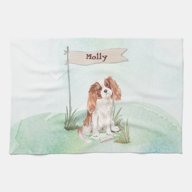 Custom Name Cavalier King Charles Spaniel Pet Dog Tea Towel (Horizontal)