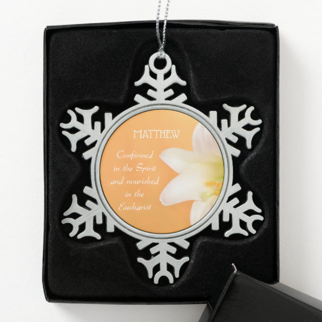 Custom Name, Celebrating RCIA Congratulations Lily Snowflake Pewter Christmas Ornament (Box)
