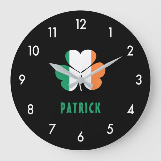 Custom Name Celtic Ireland Shamrock Irish Flag Large Clock (Front)