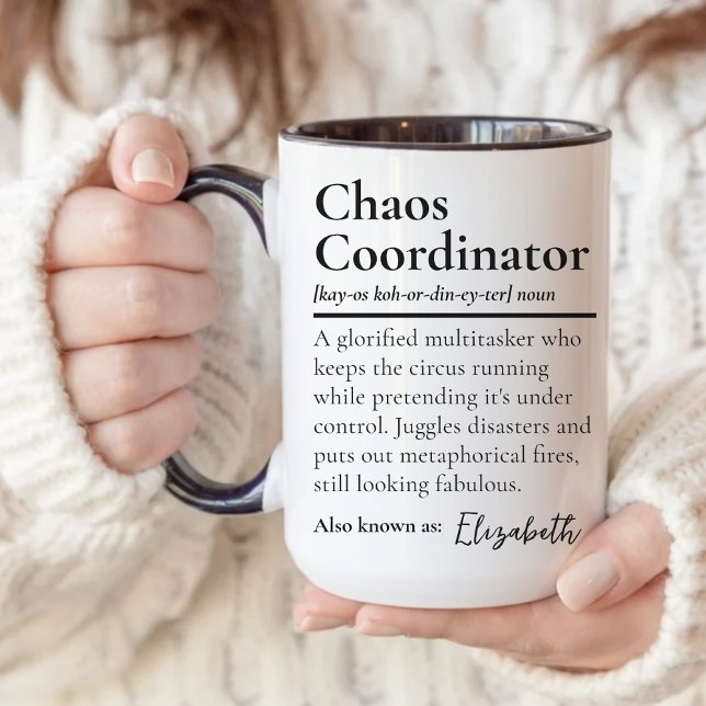 Custom Name Chaos Coordinator Mug for Boss (funny boss appreciation mug present, personalized office manager thank you gift, teacher gift mug)