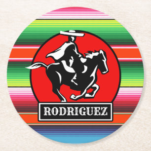 Custom NAME Charro Horse Spanish Mexican Serape Round Paper Coaster