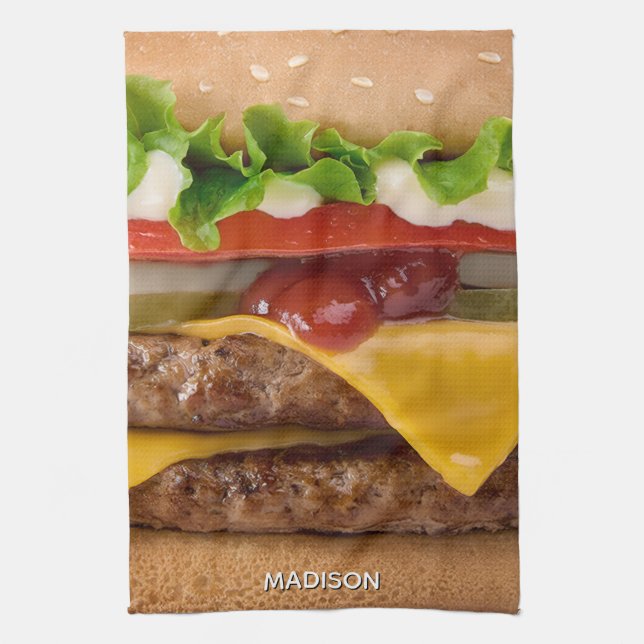 Custom Name Cheeseburger Tea Towel (Vertical)