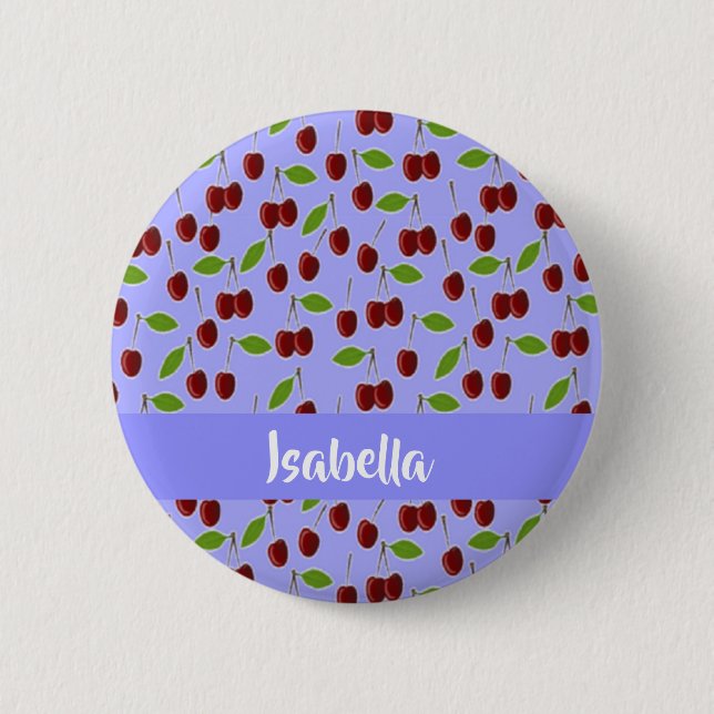 Custom name cherries pattern blue 6 cm round badge (Front)