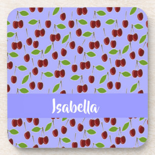Custom name cherries pattern blue coaster
