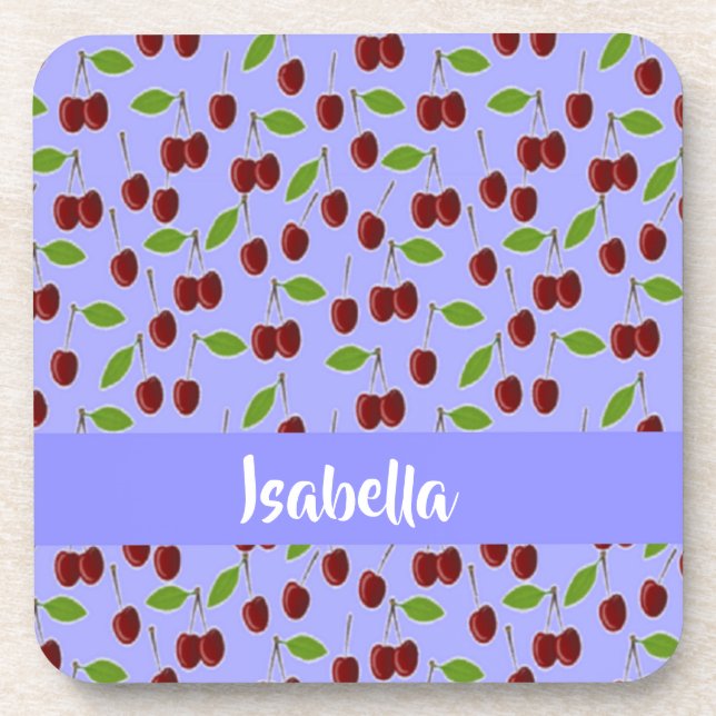 Custom name cherries pattern blue coaster (Front)