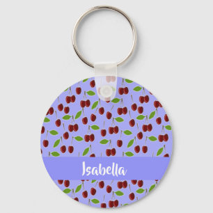Custom name cherries pattern blue key ring