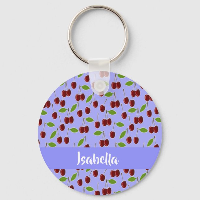 Custom name cherries pattern blue key ring (Front)