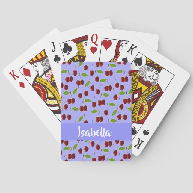 Custom name cherries pattern blue playing cards (Back)