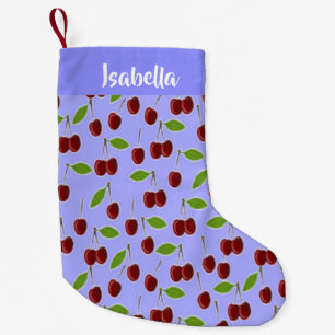 Custom name cherries pattern blue small christmas stocking