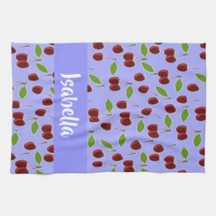 Custom name cherries pattern blue tea towel