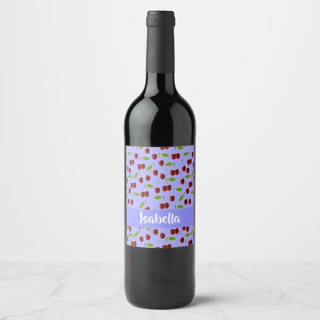 Custom name cherries pattern blue wine label (Front)