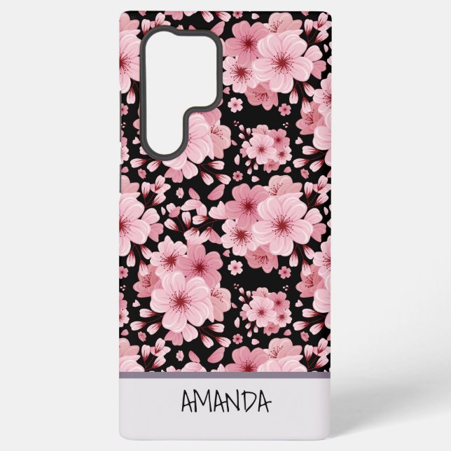 Custom Name Cherry Blossom pink floral pattern Samsung Galaxy S22 Ultra Case (Back)