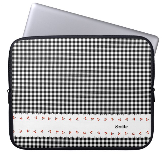 Custom Name Cherry Check Black Laptop Sleeve (Front)