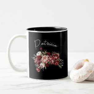 Custom Name Chic Burgundy Flowers Two-Tone Coffee Mug