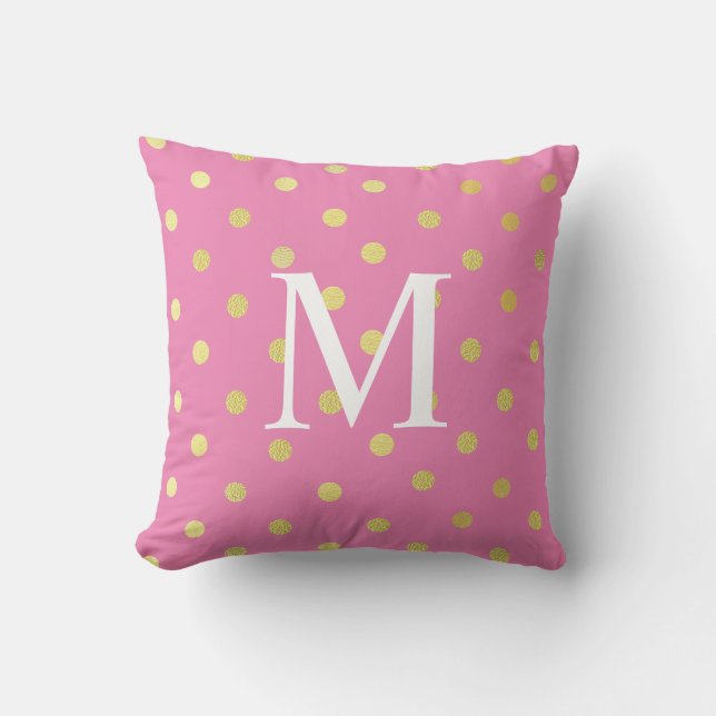 Custom Name Chic Faux Foil Leaf Gold Dots Pink Cushion (Front)