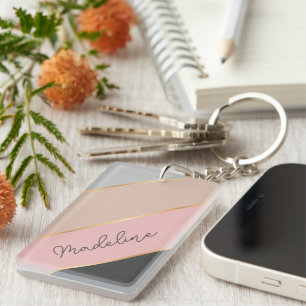 Custom Name Chic Grey Soft Coral Blush Pink Lines Key Ring