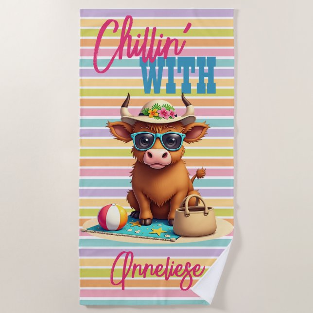 Custom Name "Chillin' With" Cute Highland Cow  Beach Towel (Front)