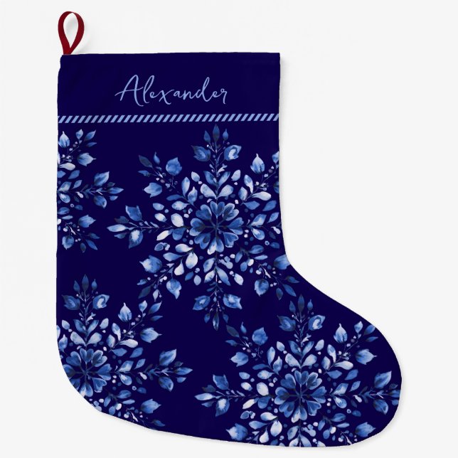 Custom Name Chinoiserie Snowflake Large Christmas Stocking (Front)