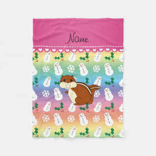 Custom name chipmunk rainbow snowmen hollies fleece blanket