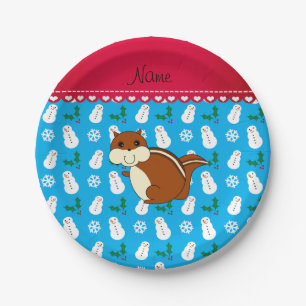 Custom name chipmunk sky blue snowmen hollies paper plate
