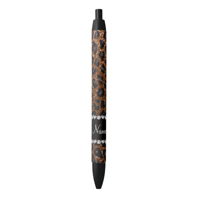 Custom name chocolate brown glitter leopard print black ink pen (Front Vertical)