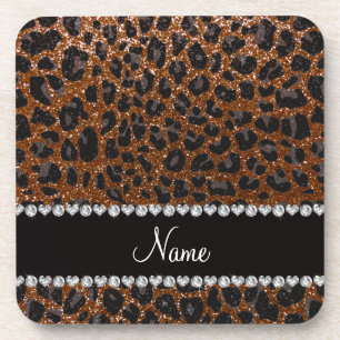 Custom name chocolate brown glitter leopard print coaster