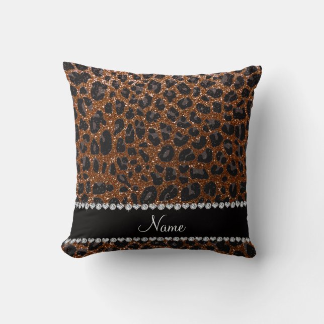 Custom name chocolate brown glitter leopard print cushion (Front)