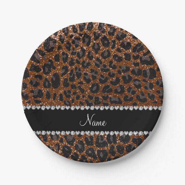 Custom name chocolate brown glitter leopard print paper plate (Front)