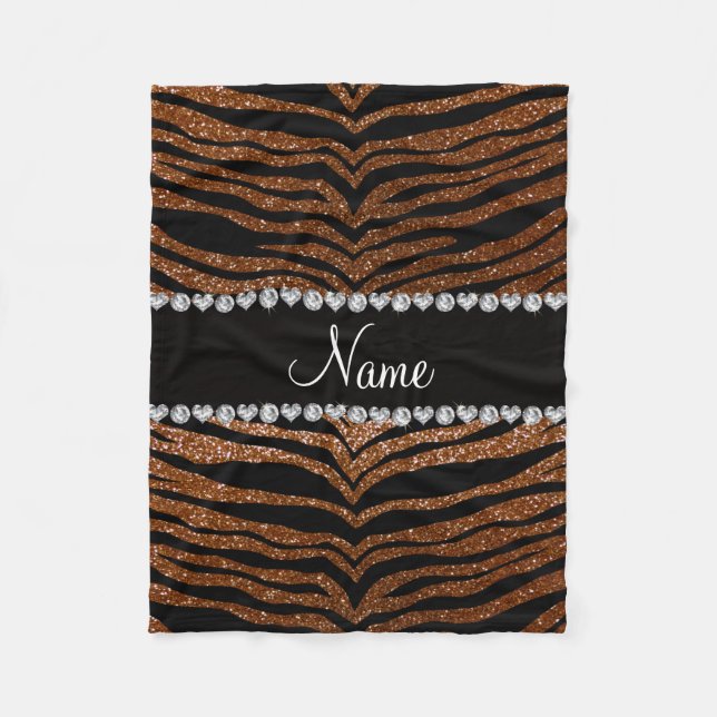 Custom name chocolate brown glitter tiger stripes fleece blanket (Front)