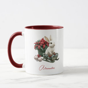 Custom Name Christmas Bunny Rabbit Red Poinsettia Mug