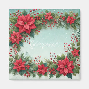 Custom Name Christmas Floral Watercolor Poinsettia Magnet