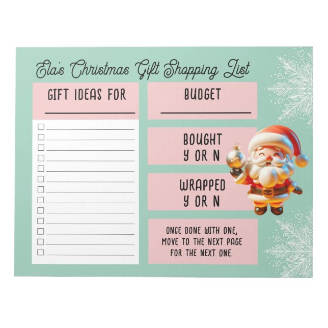 Custom Name Christmas Gift Shopping List Santa  Notepad (Front)